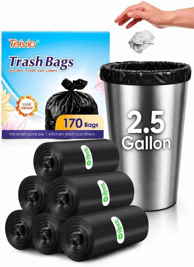 Main image of Teivio Small Black Trash Bags 2.5 Gallon 170 Count Bathroom Garbage Bags