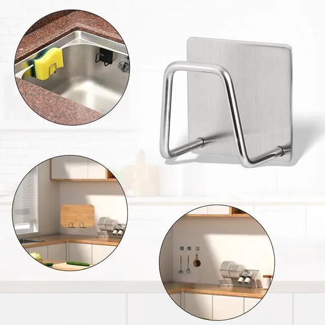 Alt view image 6 of 7 - Luckyiren 2-Pack Stainless Steel Sponge Holder for Kitchen Sink - Rustproof Brushed SUS304 Sponge Caddy Organizer, Wall/Surface Mount, Drainage Design, Clutter-Free Storage