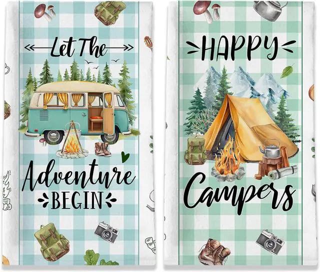 Main image of Camping Gifts for Women, Happy Camper Kitchen Towels, Funny Sayings Dish Towels Set of 2 for Camping Lovers, Farmhouse Camping Tent RV Hand Tea Towels for Housewarming Birthday Christmas, 18x26 Inches