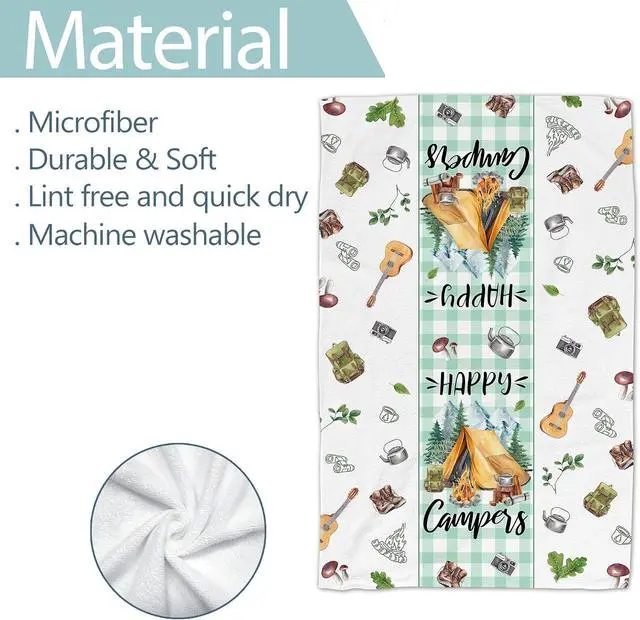 Alt view image 3 of 7 - Camping Gifts for Women, Happy Camper Kitchen Towels, Funny Sayings Dish Towels Set of 2 for Camping Lovers, Farmhouse Camping Tent RV Hand Tea Towels for Housewarming Birthday Christmas, 18x26 Inches