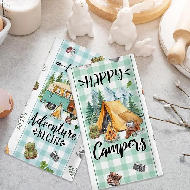 Alt view image 4 of 7 - Camping Gifts for Women, Happy Camper Kitchen Towels, Funny Sayings Dish Towels Set of 2 for Camping Lovers, Farmhouse Camping Tent RV Hand Tea Towels for Housewarming Birthday Christmas, 18x26 Inches