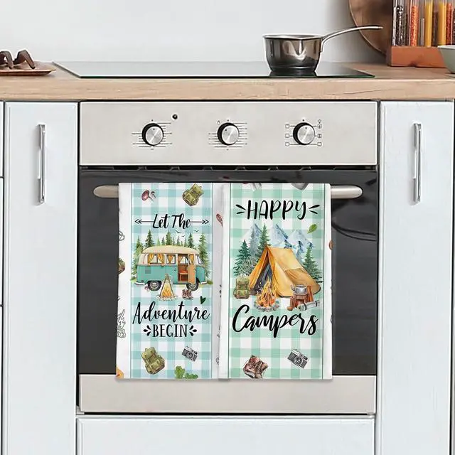 Alt view image 5 of 7 - Camping Gifts for Women, Happy Camper Kitchen Towels, Funny Sayings Dish Towels Set of 2 for Camping Lovers, Farmhouse Camping Tent RV Hand Tea Towels for Housewarming Birthday Christmas, 18x26 Inches