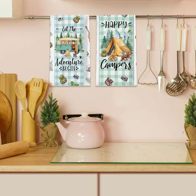 Alt view image 6 of 7 - Camping Gifts for Women, Happy Camper Kitchen Towels, Funny Sayings Dish Towels Set of 2 for Camping Lovers, Farmhouse Camping Tent RV Hand Tea Towels for Housewarming Birthday Christmas, 18x26 Inches