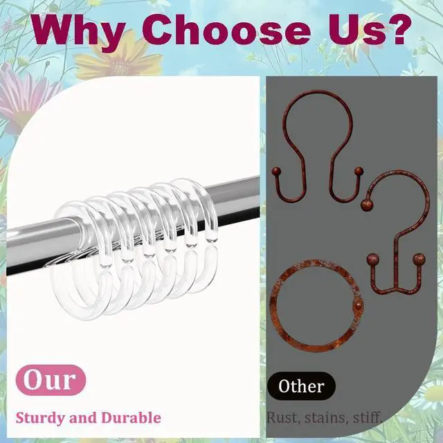 Alt view image 3 of 7 - Resze 24 PCS Shower Curtain Hooks, Plastic Clear Shower Curtain Rings