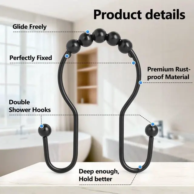 Alt view image 3 of 7 - Resze 12PCS Shower Curtain Hooks, Sturdy Metal Shower Curtain Rings(Black)