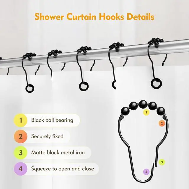 Alt view image 3 of 7 - 12 PCS Shower Curtain Hooks, Practical Black Shower Curtain Hooks