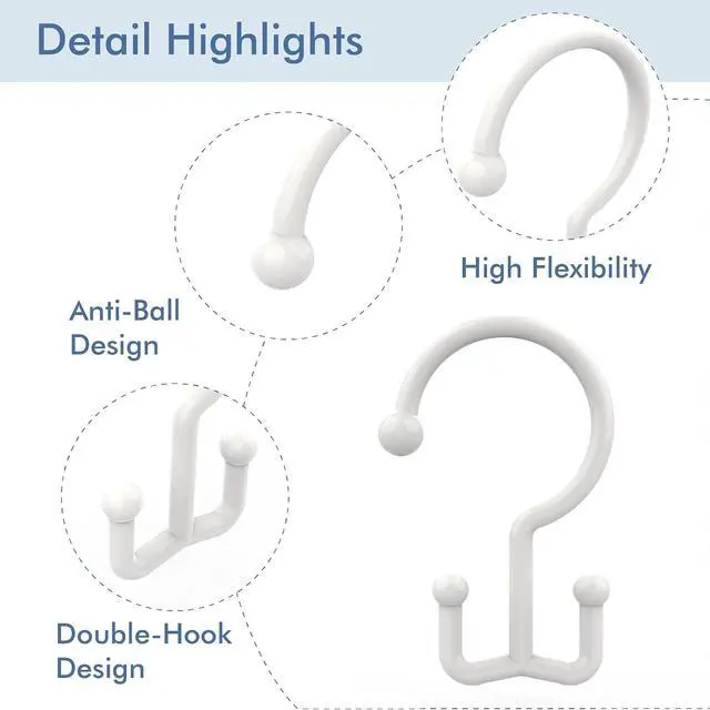 Alt view image 5 of 7 - Bathway White Plastic Double Shower Curtain Hooks, 12 Bathroom Shower Rings