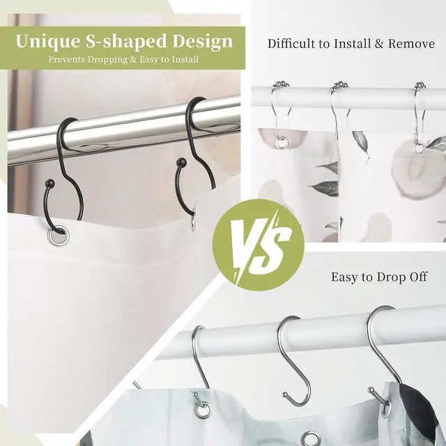 Alt view image 3 of 7 - Goowin Shower Curtain Hooks, Anti-Fall S-Shaped Shower Curtain Ring, Decorative Black Shower Curtain Hooks Rings Rust Proof Shower Rings for Curtain, Shower Hooks for Shower Curtain, 12 Pack, Black