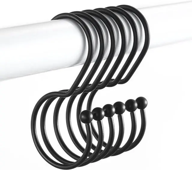 Main image of Goowin Shower Curtain Hooks, Anti-Fall S-Shaped Shower Curtain Ring, Decorative Black Shower Curtain Hooks Rings Rust Proof Shower Rings for Curtain, Shower Hooks for Shower Curtain, 12 Pack, Black