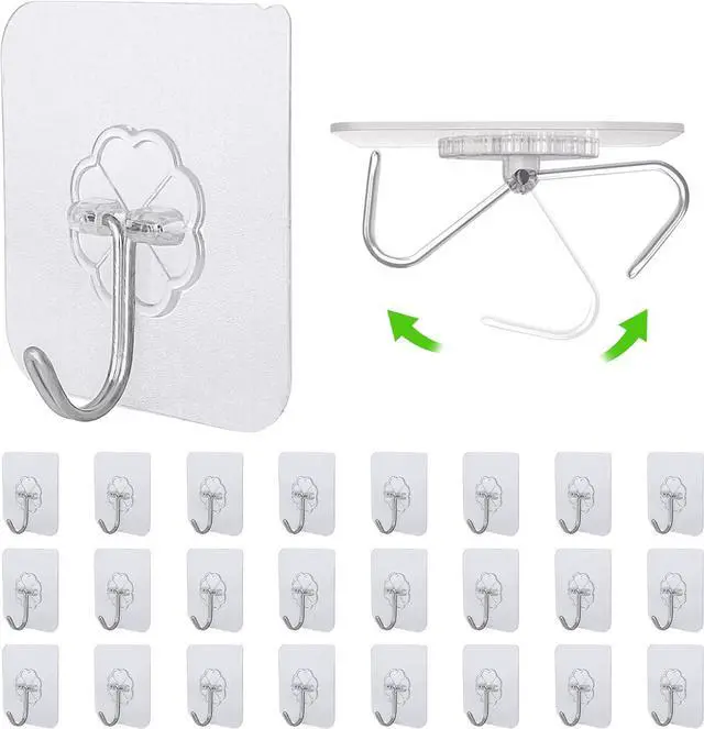 Main image of 24 Pack Adhesive Wall Hooks 33LB Heavy Duty No Drill Clear Sticky Hooks