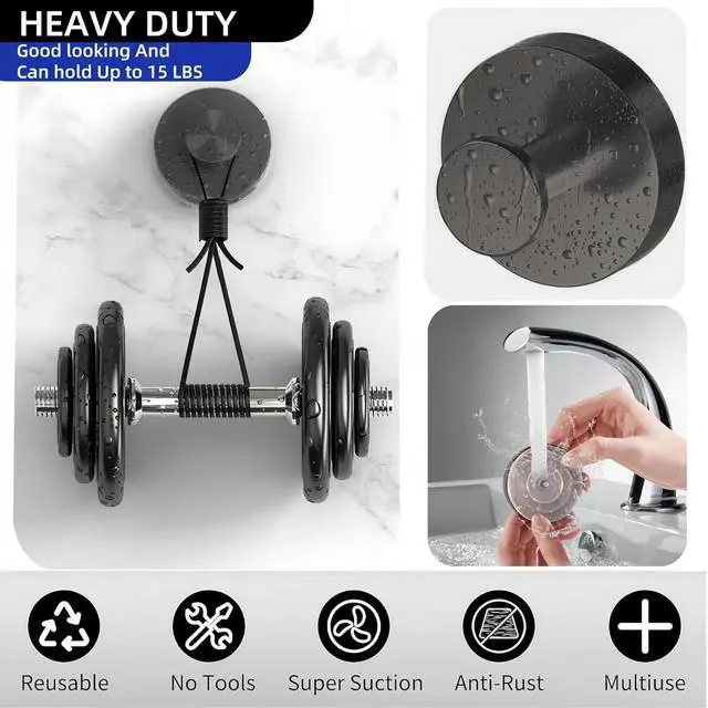 Alt view image 3 of 7 - 15lbs Heavy Duty Suction Cup Hooks, 2 Pack Rustproof Black Suction Cup Hooks for Bathroom, Shower, Kitchen, Front Door Glass Strong Hooks for Towels, Wreaths, Robes, Loofah