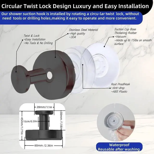 Alt view image 2 of 7 - 15lbs Heavy Duty Suction Cup Hooks, 2 Pack Rustproof Black Suction Cup Hooks for Bathroom, Shower, Kitchen, Front Door Glass Strong Hooks for Towels, Wreaths, Robes, Loofah