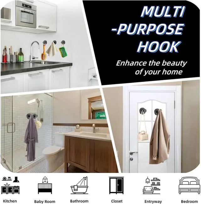 Alt view image 5 of 7 - 15lbs Heavy Duty Suction Cup Hooks, 2 Pack Rustproof Black Suction Cup Hooks for Bathroom, Shower, Kitchen, Front Door Glass Strong Hooks for Towels, Wreaths, Robes, Loofah
