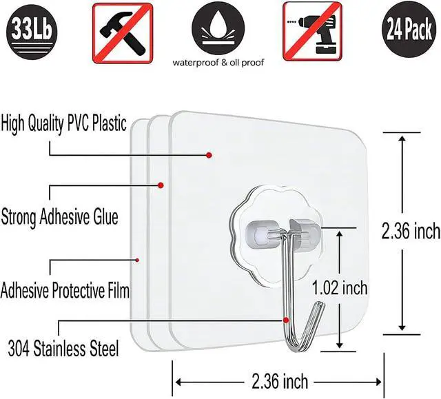 Alt view image 2 of 7 - 24 Pack Adhesive Wall Hooks 33LB Heavy Duty No Drill Clear Sticky Hooks