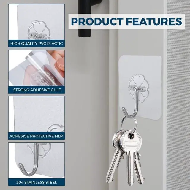 Alt view image 4 of 7 - 24 Pack Adhesive Wall Hooks 33LB Heavy Duty No Drill Clear Sticky Hooks