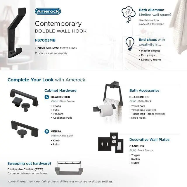 Alt view image 6 of 7 - Amerock Emerge Double Prong Matte Black Wall-Mounted Hook