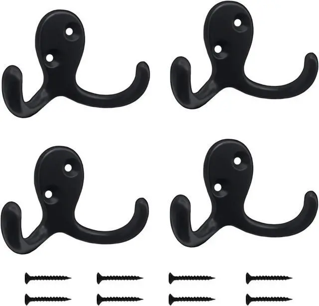 Main image of Kruodop 4 Pack Wall Hooks Wall Mounted Coat Hooks for Hanging Heavy Duty, Black Towel Hooks, Metal Double Coat Hanger with Screws Cup Retro for Coats, Handbags, Towels, Hat