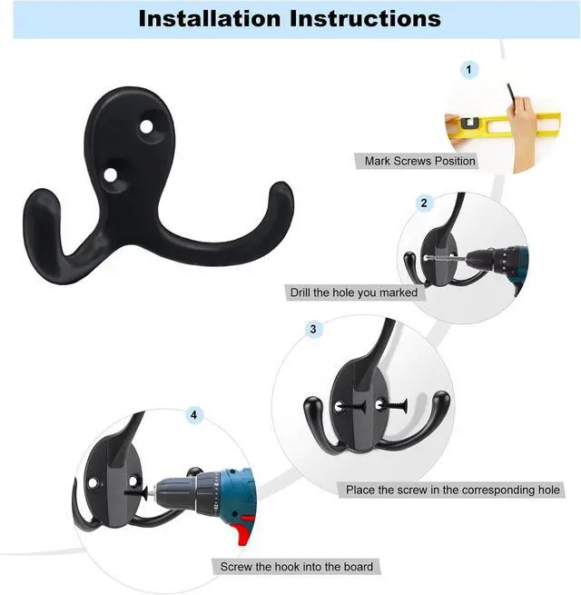 Alt view image 3 of 7 - Kruodop 4 Pack Wall Hooks Wall Mounted Coat Hooks for Hanging Heavy Duty, Black Towel Hooks, Metal Double Coat Hanger with Screws Cup Retro for Coats, Handbags, Towels, Hat