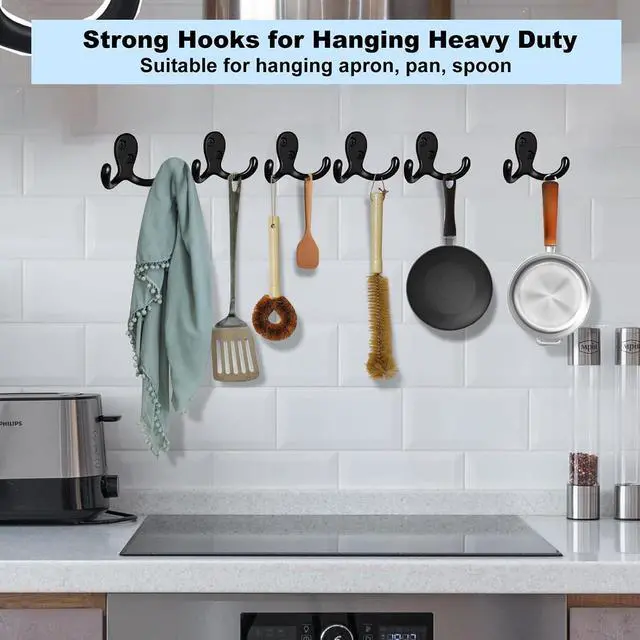 Alt view image 4 of 7 - Kruodop 4 Pack Wall Hooks Wall Mounted Coat Hooks for Hanging Heavy Duty, Black Towel Hooks, Metal Double Coat Hanger with Screws Cup Retro for Coats, Handbags, Towels, Hat
