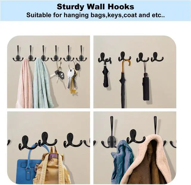 Alt view image 6 of 7 - Kruodop 4 Pack Wall Hooks Wall Mounted Coat Hooks for Hanging Heavy Duty, Black Towel Hooks, Metal Double Coat Hanger with Screws Cup Retro for Coats, Handbags, Towels, Hat