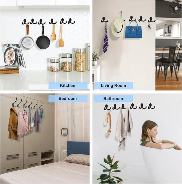 Alt view image 7 of 7 - Kruodop 4 Pack Wall Hooks Wall Mounted Coat Hooks for Hanging Heavy Duty, Black Towel Hooks, Metal Double Coat Hanger with Screws Cup Retro for Coats, Handbags, Towels, Hat