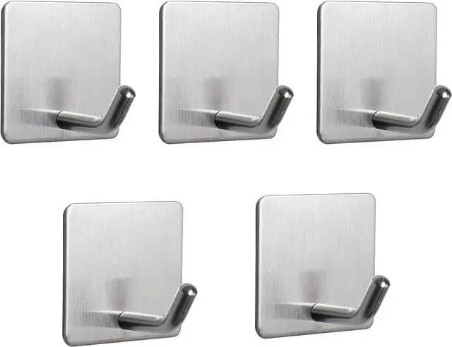 Main image of NearMoon Adhesive Hooks- Heavy Duty Bath Wall Hooks Waterproof Stainless Steel Towel Hangers Stick on Wall Clothes Holders for Bathroom Kitchen Home, 5 Pack (Brushed Nickel)