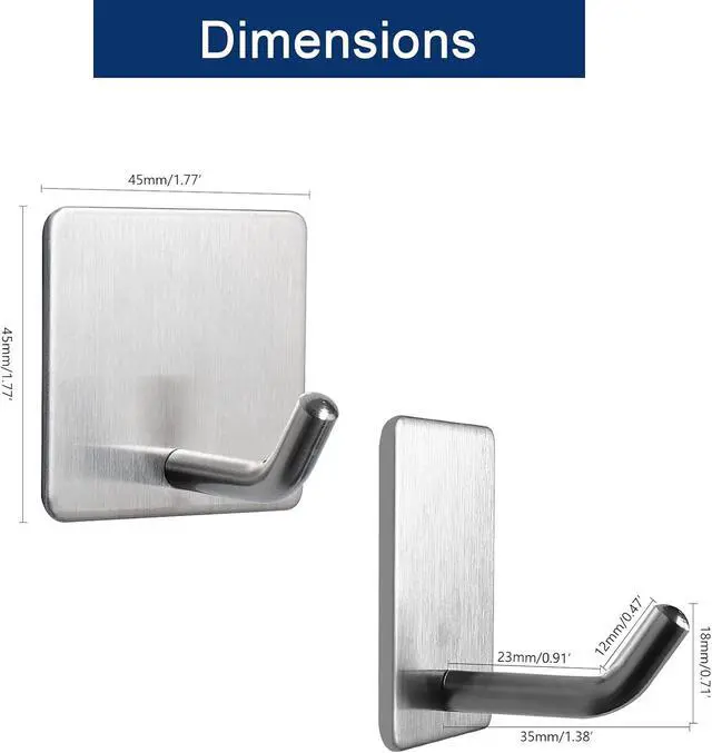 Alt view image 2 of 7 - NearMoon Adhesive Hooks- Heavy Duty Bath Wall Hooks Waterproof Stainless Steel Towel Hangers Stick on Wall Clothes Holders for Bathroom Kitchen Home, 5 Pack (Brushed Nickel)