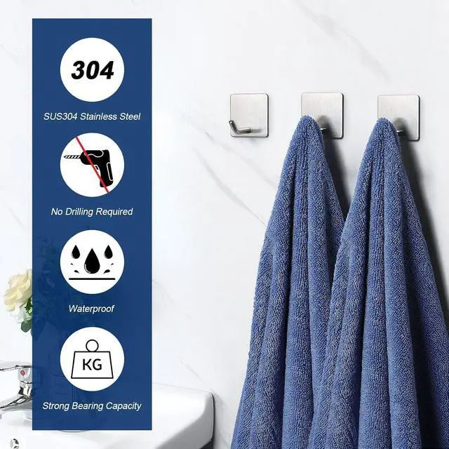Alt view image 3 of 7 - NearMoon Adhesive Hooks- Heavy Duty Bath Wall Hooks Waterproof Stainless Steel Towel Hangers Stick on Wall Clothes Holders for Bathroom Kitchen Home, 5 Pack (Brushed Nickel)