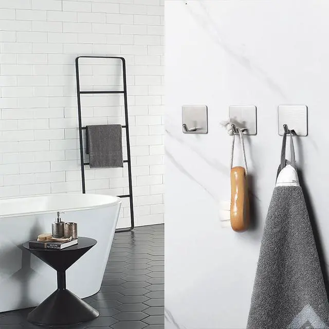Alt view image 4 of 7 - NearMoon Adhesive Hooks- Heavy Duty Bath Wall Hooks Waterproof Stainless Steel Towel Hangers Stick on Wall Clothes Holders for Bathroom Kitchen Home, 5 Pack (Brushed Nickel)