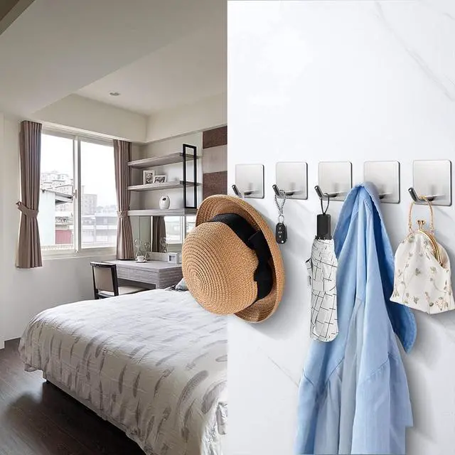 Alt view image 5 of 7 - NearMoon Adhesive Hooks- Heavy Duty Bath Wall Hooks Waterproof Stainless Steel Towel Hangers Stick on Wall Clothes Holders for Bathroom Kitchen Home, 5 Pack (Brushed Nickel)