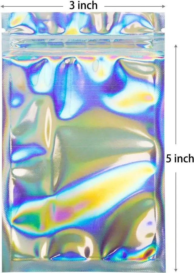 Alt view image 2 of 5 - 100 Pieces Smell Proof Bags - 3x5 Inches Resealable Mylar Bags Clear Food Candy Storage Bags Holographic Rainbow Color