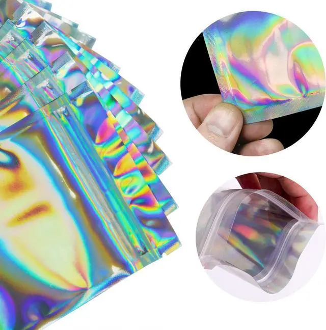Alt view image 3 of 5 - 100 Pieces Smell Proof Bags - 3x5 Inches Resealable Mylar Bags Clear Food Candy Storage Bags Holographic Rainbow Color