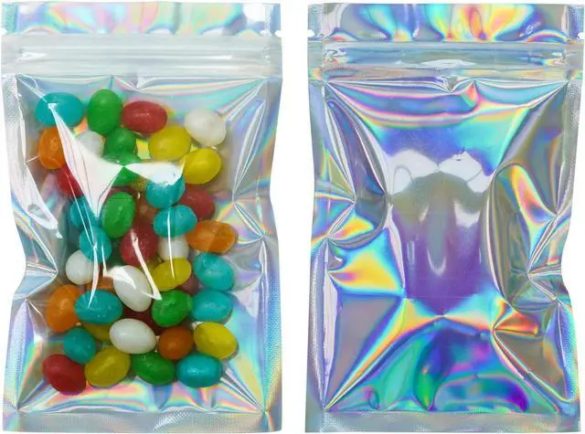 Alt view image 4 of 5 - 100 Pieces Smell Proof Bags - 3x5 Inches Resealable Mylar Bags Clear Food Candy Storage Bags Holographic Rainbow Color