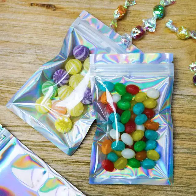 Alt view image 5 of 5 - 100 Pieces Smell Proof Bags - 3x5 Inches Resealable Mylar Bags Clear Food Candy Storage Bags Holographic Rainbow Color