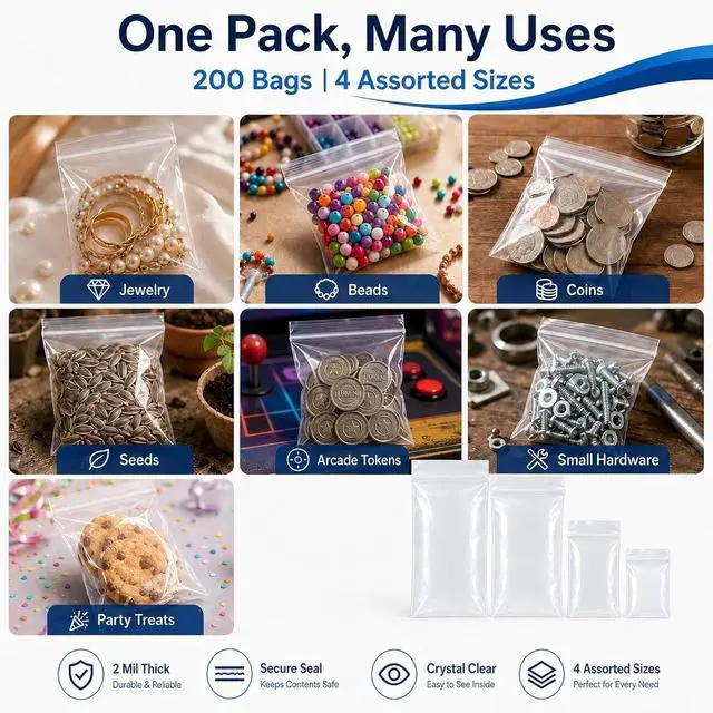 Alt view image 7 of 7 - 200 Pack Small Plastic Bags For Jewelry, Mini Baggies 4 Assorted Sizes. 2x3 3x3 3x5 4x6 Inch 2 Mil Thick Poly Zipper Lock Bags Clear for Jewelry, Bead, Crafts, Small Parts Storage