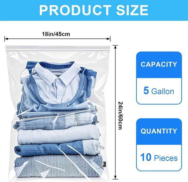 Alt view image 2 of 6 - Large 5 Gallon Plastic Storage Bags 10pcs 18" x 24", 2.4 Mil Thick