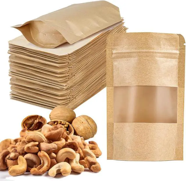 Main image of MAQIHAN 50 Stand Up Pouches Bags - 3.5"×5.5" Resealable Ziplock Kraft Paper Bags Window Food Packaging Homemade Bagel Bread Cookie Candy Tea Herb Spice Coffee Jerky Dog Treat Small Business