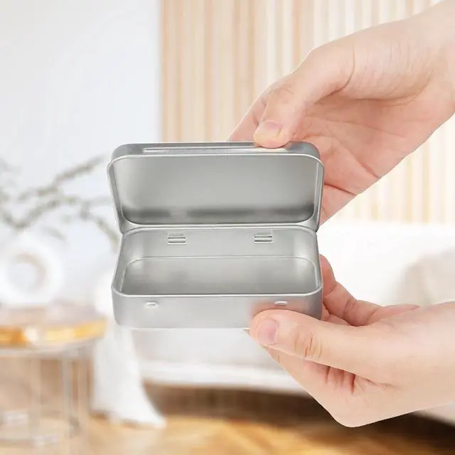 Alt view image 3 of 7 - Metal Tins with Lids, Rectangular Small Metal Box with Lid Hinged Tin Box Container with Lid Portable Small Silver Storage Tin Case with Hinged Lids for Home Storage Organizer