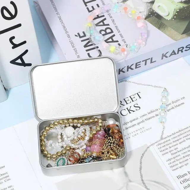 Alt view image 2 of 7 - Metal Tins with Lids, Rectangular Small Metal Box with Lid Hinged Tin Box Container with Lid Portable Small Silver Storage Tin Case with Hinged Lids for Home Storage Organizer