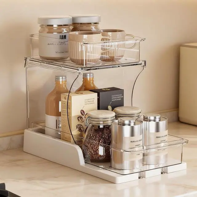 Main image of Jsyrjing Pull Out 2 Tier Organizer for Kitchen Bathroom and Cabinet Storage Rotating Pantry Rack Under Sink Organizer Clear and Durable Design 1 Pack