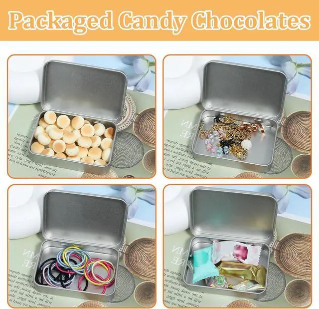 Alt view image 6 of 7 - Metal Tins with Lids, Rectangular Small Metal Box with Lid Hinged Tin Box Container with Lid Portable Small Silver Storage Tin Case with Hinged Lids for Home Storage Organizer