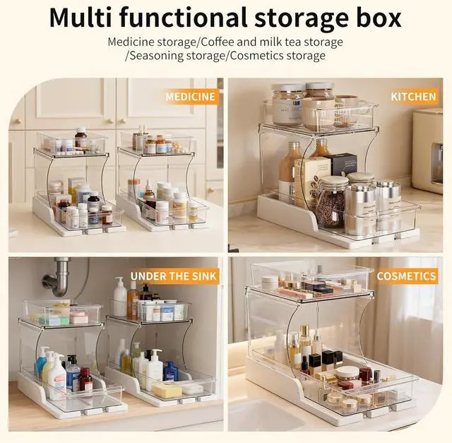 Alt view image 7 of 7 - Jsyrjing Pull Out 2 Tier Organizer for Kitchen Bathroom and Cabinet Storage Rotating Pantry Rack Under Sink Organizer Clear and Durable Design 1 Pack