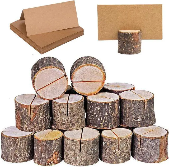 Main image of WOHENI Place Card Holders, 20 Pcs Place Rustic Wooden Card Holders Table Number Stands for Name Tags Food Markers Party Wedding Table Name Card Holder Memo Photo Holder Card and 30 Pcs Kraft