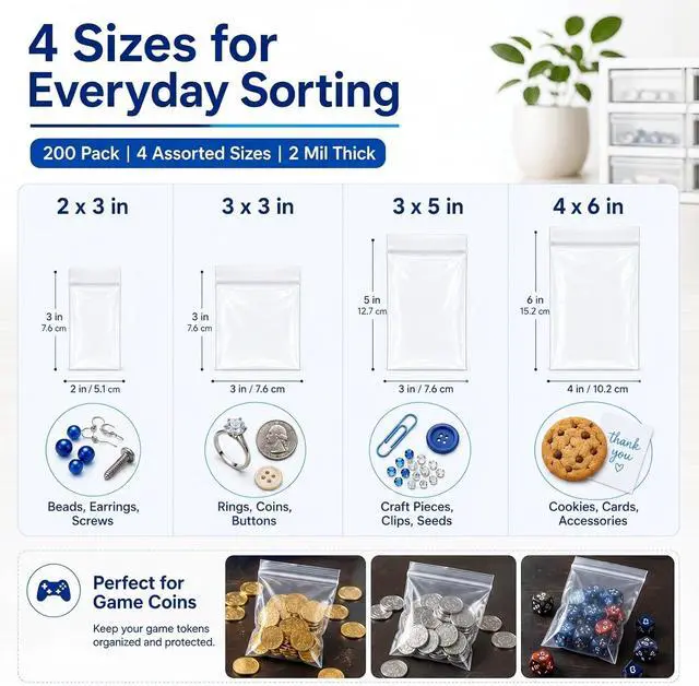 Alt view image 4 of 7 - 200 Pack Small Plastic Bags For Jewelry, Mini Baggies 4 Assorted Sizes. 2x3 3x3 3x5 4x6 Inch 2 Mil Thick Poly Zipper Lock Bags Clear for Jewelry, Bead, Crafts, Small Parts Storage
