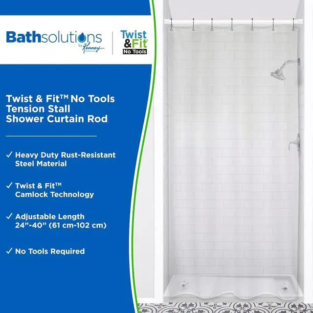 Alt view image 2 of 7 - Kenney - Twist & Fit Cam-Lock Tension Shower Curtain Rod, 1" Diameter Durable Metal Construction, Adjustable 24"40", No-Tools Installation, Secure Hold for Standard Showers, White