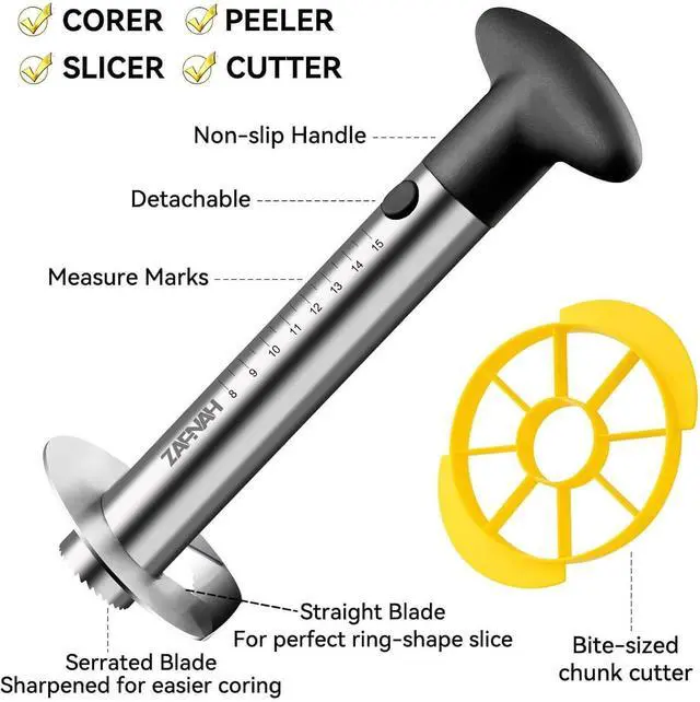 Alt view image 4 of 7 - Pineapple Corer and Slicer Tool, Pineapple Cutter and Corer, Stainless Steel Pineapple Peeler, Easy Pineapple core remover decorer, Eye Removal Tool, Pelador De Piña (Black with Measure marks)