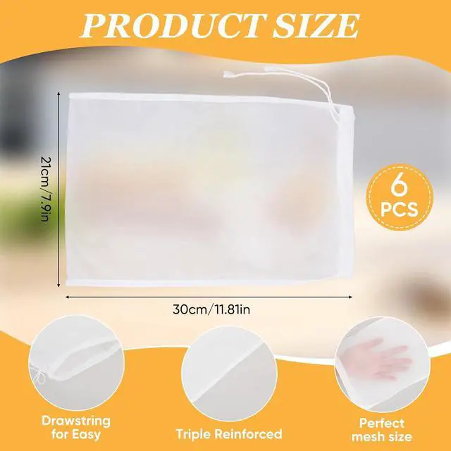 Alt view image 2 of 7 - 6Pack Nut Bag Strainer 12 x 8 Inch Cheesecloth Bags for Straining Nylon Cheese Cloth Bags Reusable Nut Milk Bag 200 Mesh Fine Mesh Bag for Straining Fruit Juice Cheese Coffee Tofu Yogurt Tea
