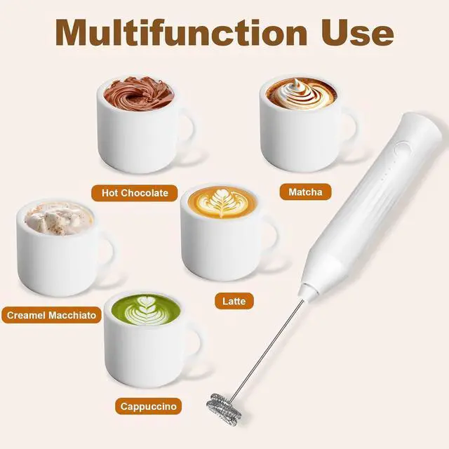 Alt view image 2 of 7 - Rechargeable Milk Frother Handheld, Electric Frother Wand with 2 Stainless Stee Whisks & 3 Speeds,Drink Mixer Handheld for Coffee, Latte, Cappuccino, Matcha, Protein Shakes-White