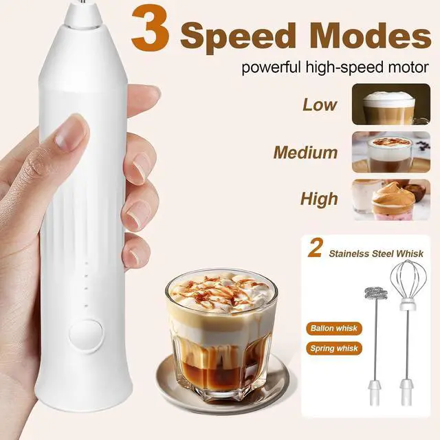 Alt view image 3 of 7 - Rechargeable Milk Frother Handheld, Electric Frother Wand with 2 Stainless Stee Whisks & 3 Speeds,Drink Mixer Handheld for Coffee, Latte, Cappuccino, Matcha, Protein Shakes-White