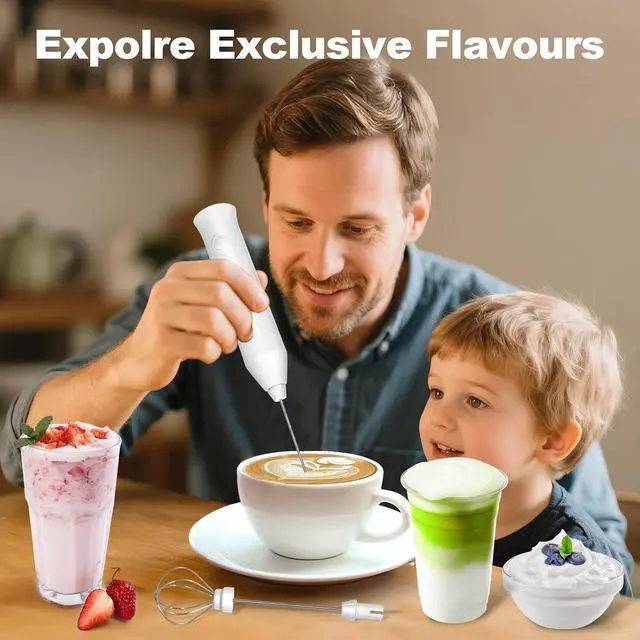 Alt view image 7 of 7 - Rechargeable Milk Frother Handheld, Electric Frother Wand with 2 Stainless Stee Whisks & 3 Speeds,Drink Mixer Handheld for Coffee, Latte, Cappuccino, Matcha, Protein Shakes-White